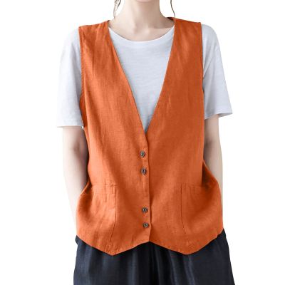 2023 Womens Vest Fashion Casual Sleeveless Button Down Cotton Linen Top Vests Summer Loose V Neck Blazer Jacket Cropped V Neck Vests Outerwear(A Ginger,Medium)