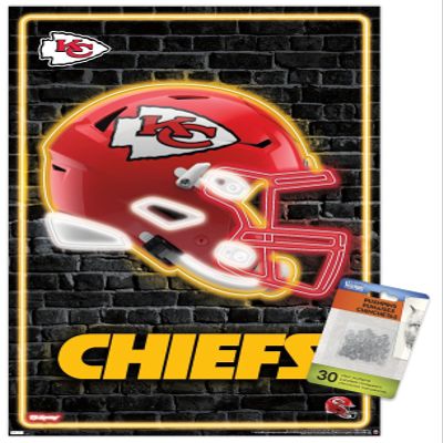 Trends International NFL Kansas City Chiefs - Neon Helmet 23 Wall Poster, 14.725" x 22.375", Premium Poster & Push Pin Bundle