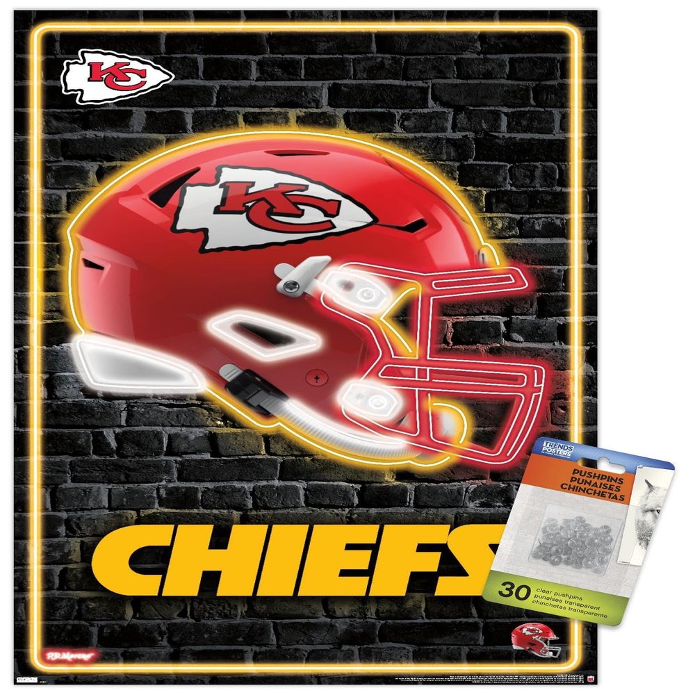 Trends International NFL Kansas City Chiefs - Neon Helmet 23 Wall Poster, 14.725" x 22.375", Premium Poster & Push Pin Bundle