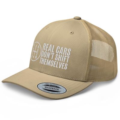 RIVEMUG Real Cars Don't Shift Themselves Trucker Hat Mid Crown Curved Bill Adjustable Cap Funny Auto Racing Mechanic Manual Khaki