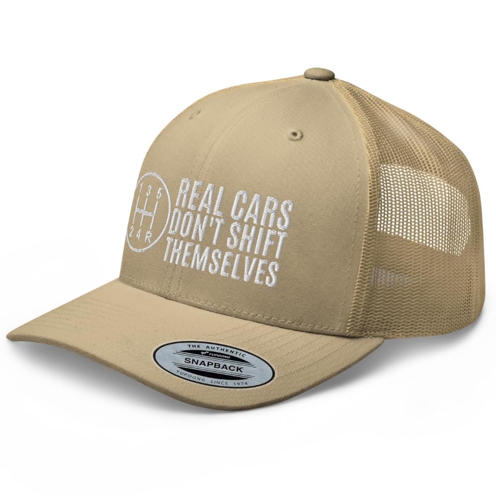 RIVEMUG Real Cars Don't Shift Themselves Trucker Hat Mid Crown Curved Bill Adjustable Cap Funny Auto Racing Mechanic Manual Khaki