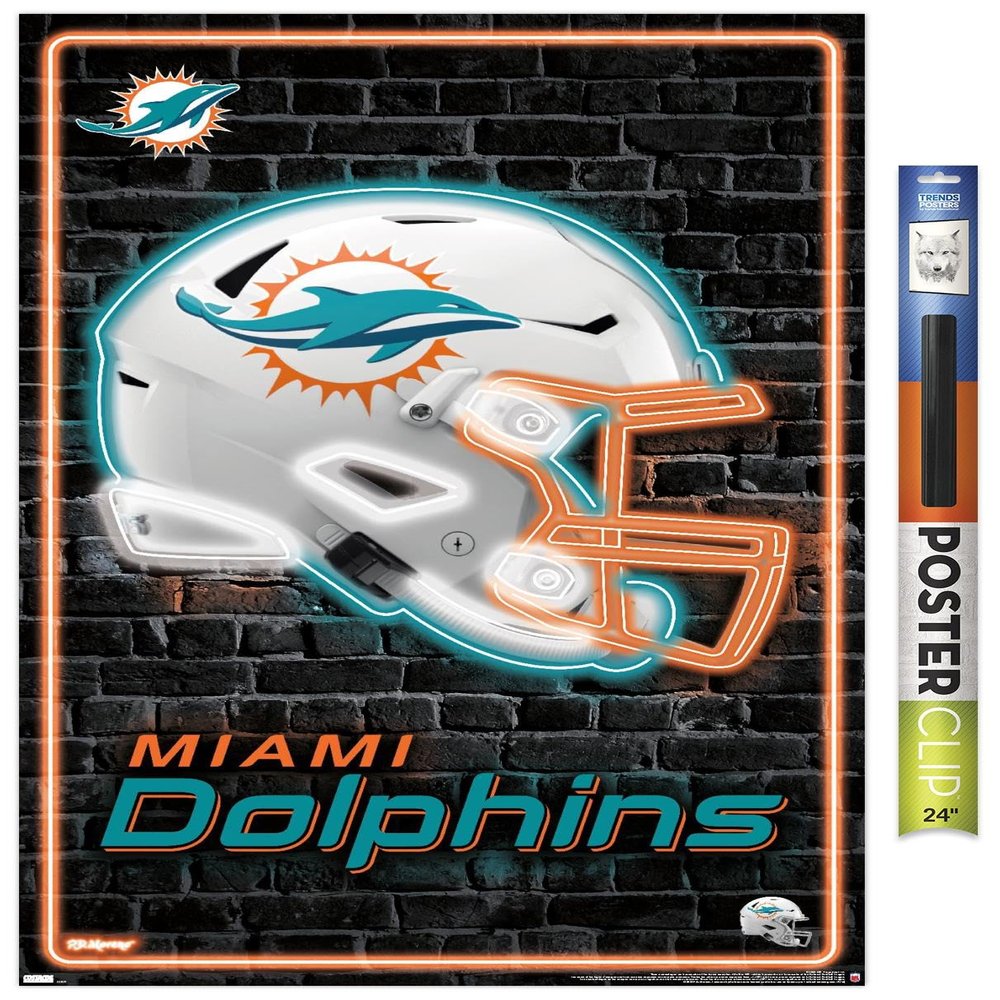 Trends International NFL Miami Dolphins - Neon Helmet 23 Wall Poster, 34L x 22.4W, Premium Poster & Clip Bundle
