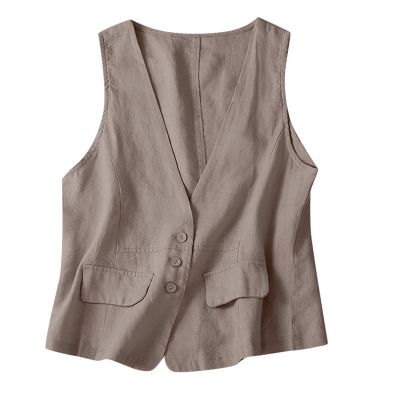 2023 Womens Vest Fashion Casual Sleeveless Button Down Cotton Linen Top Vests Summer Loose V Neck Blazer Jacket Cropped V Neck Vests Outerwear(C Khaki,XX-Large)