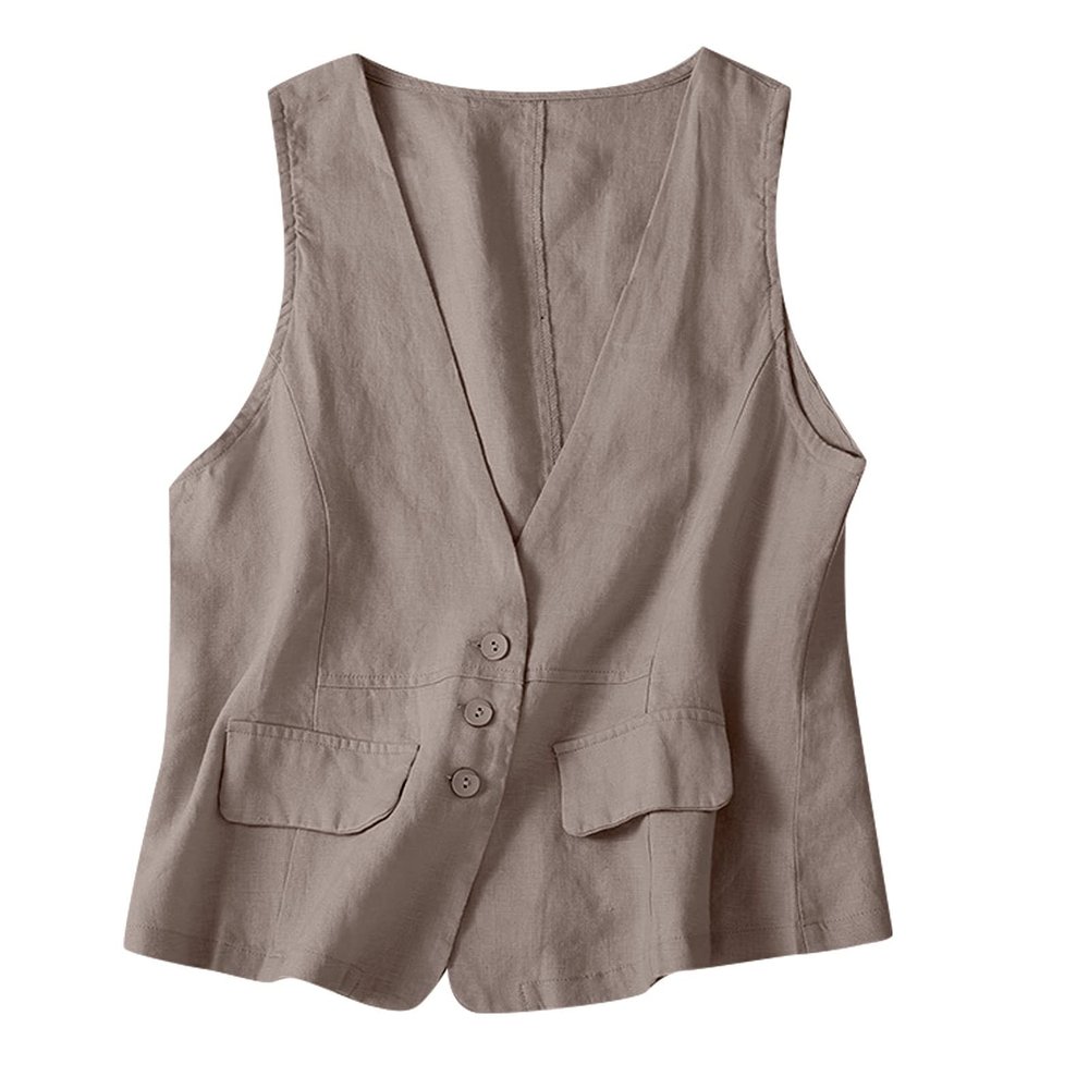 2023 Womens Vest Fashion Casual Sleeveless Button Down Cotton Linen Top Vests Summer Loose V Neck Blazer Jacket Cropped V Neck Vests Outerwear(C Khaki,XX-Large)