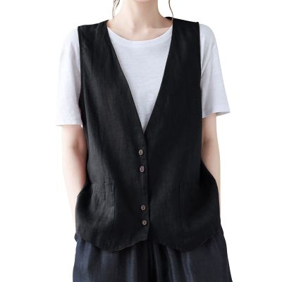 2023 Womens Vest Fashion Casual Sleeveless Button Down Cotton Linen Top Vests Summer Loose V Neck Blazer Jacket Cropped V Neck Vests Outerwear(A Black,X-Large)