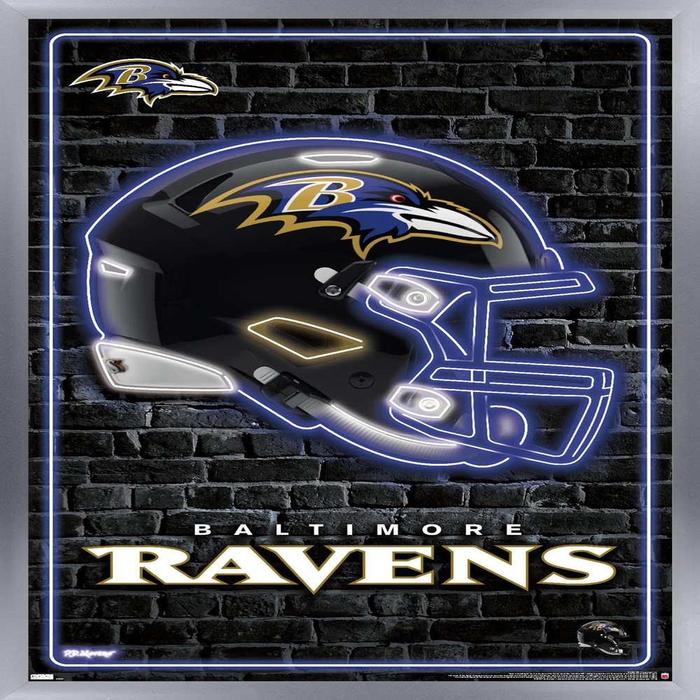 Trends International NFL Baltimore Ravens - Neon Helmet 23 Wall Poster, 22.4L x 14.7W, Silver Framed Version