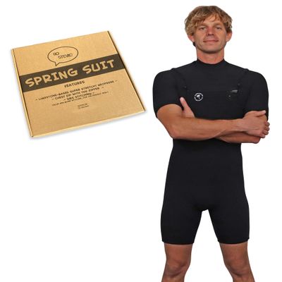 Ho Stevie! Mens Short Sleeve Short Leg Surfing Springsuit - Chest Zip Spring Suit - Warm Superstretch 2mm Neoprene w/GBS Seams (Black 2mm, LS (Large Short))