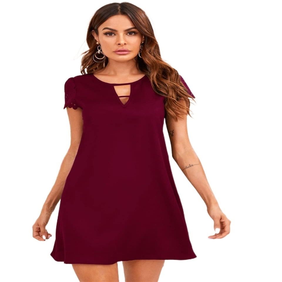 BOPOCO Dresses for Women Dress Women's Dress Keyhole Neck Scallop Edge Laser Cut Dress Dress (Color : Maroon, Size : X-Small)