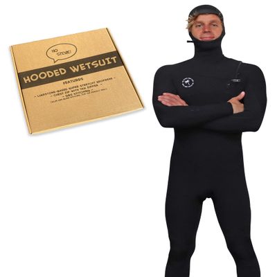 Ho Stevie! Mens 5/4mm Hooded Surfing Wetsuit - Chest Zip Fullsuit with Hood - Warm Superstretch Neoprene w/GBS Seams (Black 5/4mm, S (Small))