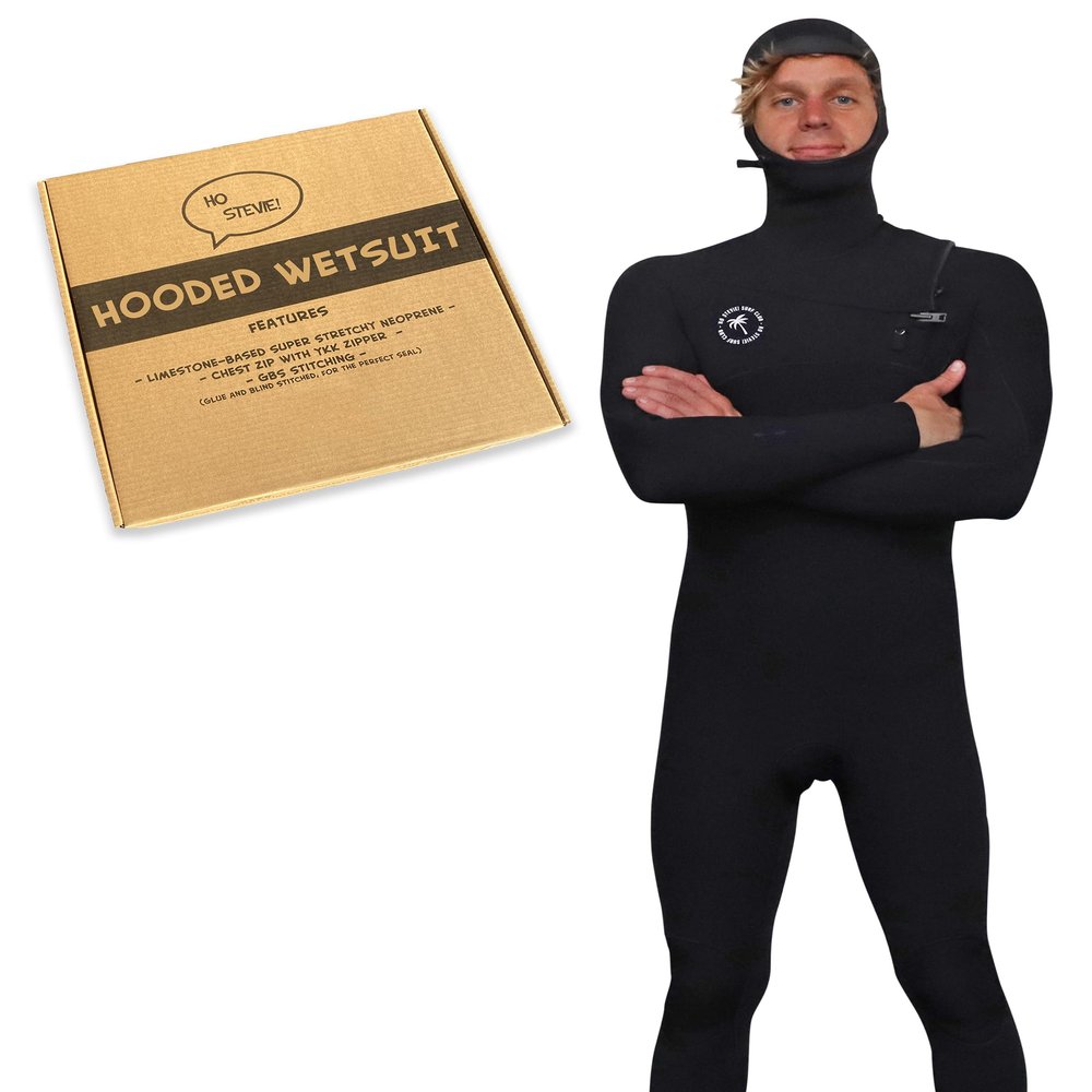 Ho Stevie! Mens 5/4mm Hooded Surfing Wetsuit - Chest Zip Fullsuit with Hood - Warm Superstretch Neoprene w/GBS Seams (Black 5/4mm, S (Small))