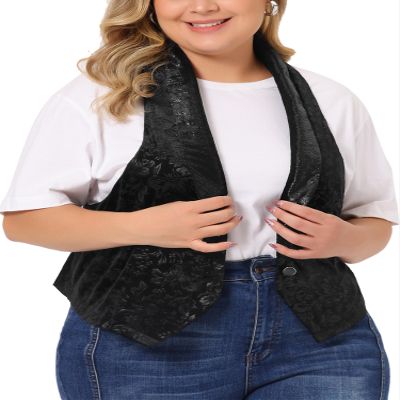 Agnes Orinda Plus Size Women's Vest Jacket Vintage Jacquard Lapel Collar Button Velvet Waistcoats 4X Black