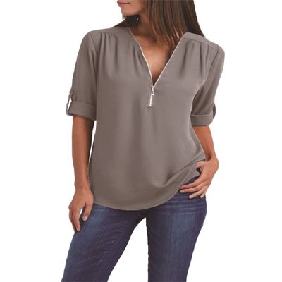 Womens Summer T-Shirt Cuffed Sleeve Blouse Quarter Zipper Pullover Solid V Neck Short Sleeve Tops Chiffion Tunic Tees Grey