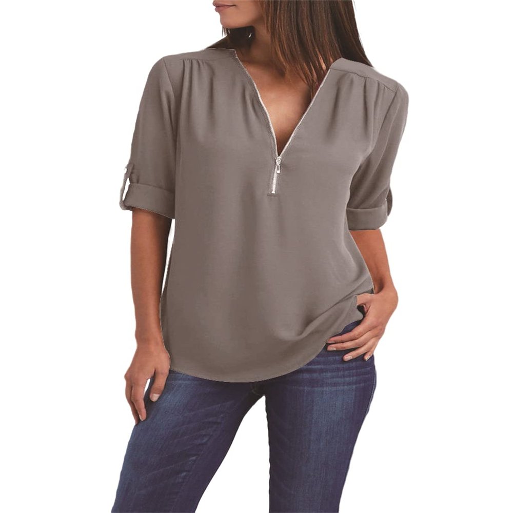 Womens Summer T-Shirt Cuffed Sleeve Blouse Quarter Zipper Pullover Solid V Neck Short Sleeve Tops Chiffion Tunic Tees Grey