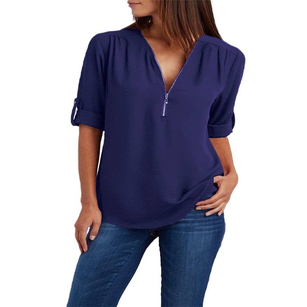 Womens Summer T-Shirt Cuffed Sleeve Blouse Quarter Zipper Pullover Solid V Neck Short Sleeve Tops Chiffion Tunic Tees Navy