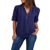 Womens Summer T-Shirt Cuffed Sleeve Blouse Quarter Zipper Pullover Solid V Neck Short Sleeve Tops Chiffion Tunic Tees Navy view 1