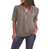 Womens Summer T-Shirt Cuffed Sleeve Blouse Quarter Zipper Pullover Solid V Neck Short Sleeve Tops Chiffion Tunic Tees Grey view 1