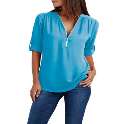 Womens Summer T-Shirt Cuffed Sleeve Blouse Quarter Zipper Pullover Solid V Neck Short Sleeve Tops Chiffion Tunic Tees Sky Blue