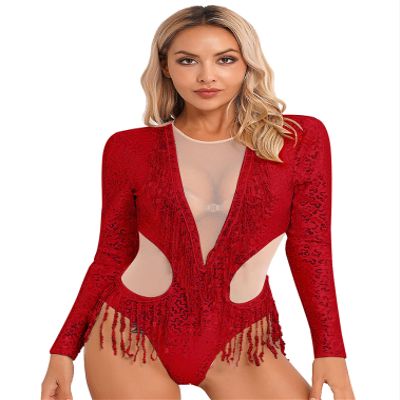 FEESHOW Womens Shiny Sequins Dance Leotard Long Sleeve Mesh Patchwork Gymnastics Bodysuit Dancewear Red Large