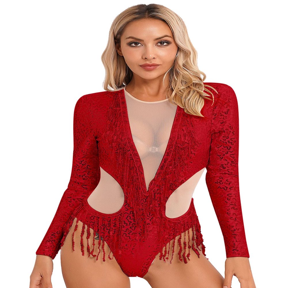 FEESHOW Womens Shiny Sequins Dance Leotard Long Sleeve Mesh Patchwork Gymnastics Bodysuit Dancewear Red Large