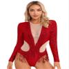 FEESHOW Womens Shiny Sequins Dance Leotard Long Sleeve Mesh Patchwork Gymnastics Bodysuit Dancewear Red Large view 1