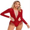 FEESHOW Womens Shiny Sequins Dance Leotard Long Sleeve Mesh Patchwork Gymnastics Bodysuit Dancewear Red Large view 2