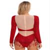 FEESHOW Womens Shiny Sequins Dance Leotard Long Sleeve Mesh Patchwork Gymnastics Bodysuit Dancewear Red Large view 3
