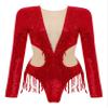 FEESHOW Womens Shiny Sequins Dance Leotard Long Sleeve Mesh Patchwork Gymnastics Bodysuit Dancewear Red Large view 4