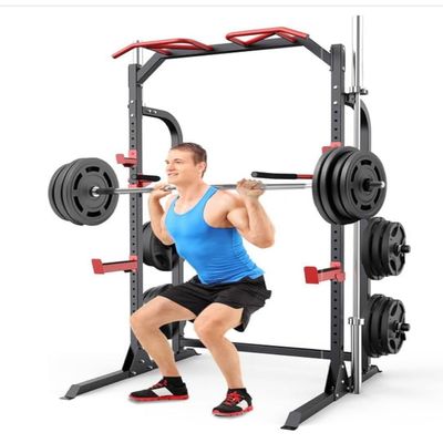SunHome Power Cage Squat Rack, Multi-Functional Power Rack with J-Hooks, Dip Handles, Weight Plate and Olympic Bar Storage Home Gym