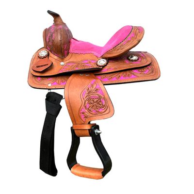 10" 11" 12" 13" Western Kids Horse Barrel Saddle for Horse Riding, Floral Tooled Saddle with Silver Conchos ME-WLS-224D (10" Seat)