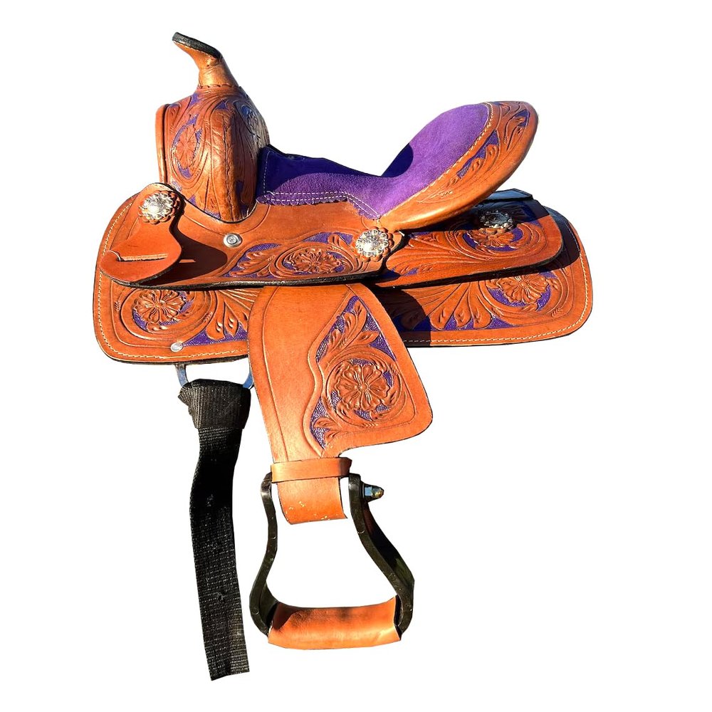 10" 11" 12" 13" Western Kids Horse Barrel Saddle for Horse Riding, Floral Tooled Saddle with Silver Conchos ME-WLS-224C (12" Seat)