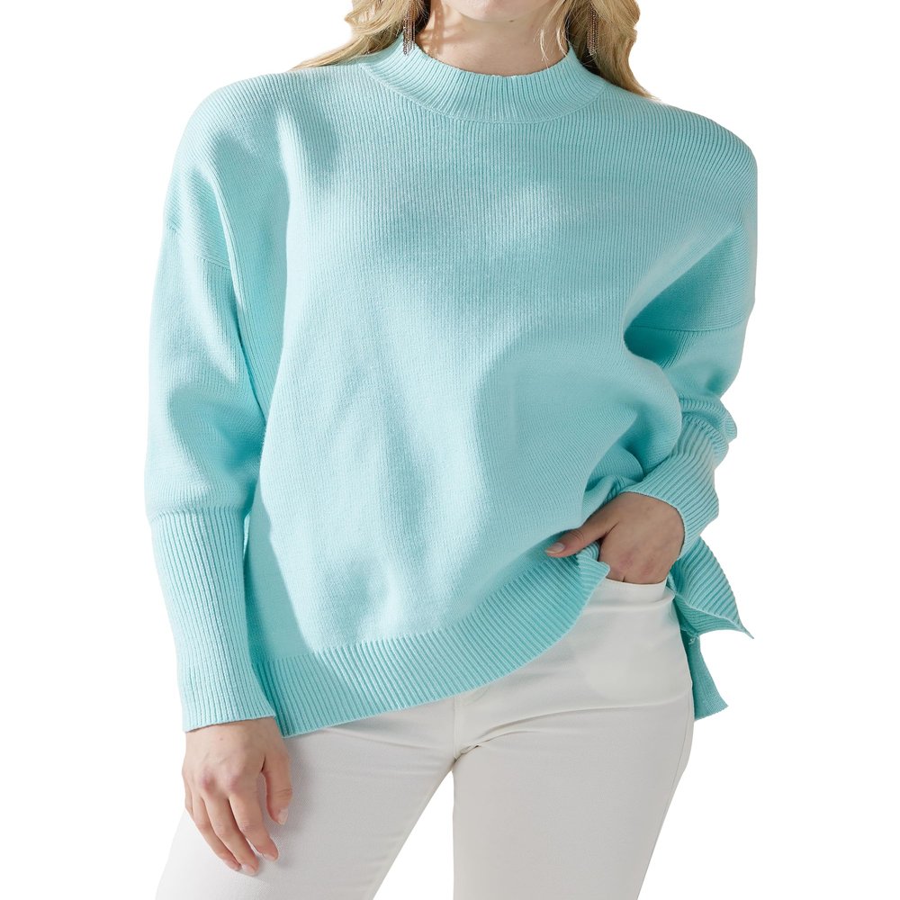 noflik Women's Oversized Mock Neck Long Balloon Sleeve Sweater with Side Slits (Aqua Mint, S)