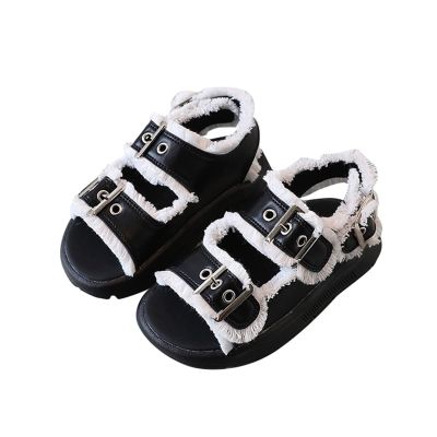 Big Kids Girl Sandals Summer Pink Black Hairy Edge Adjustable Ankle Width Soft Bottom with Princess Shoes Toddler Clogs (Black, 2 Big Kids)