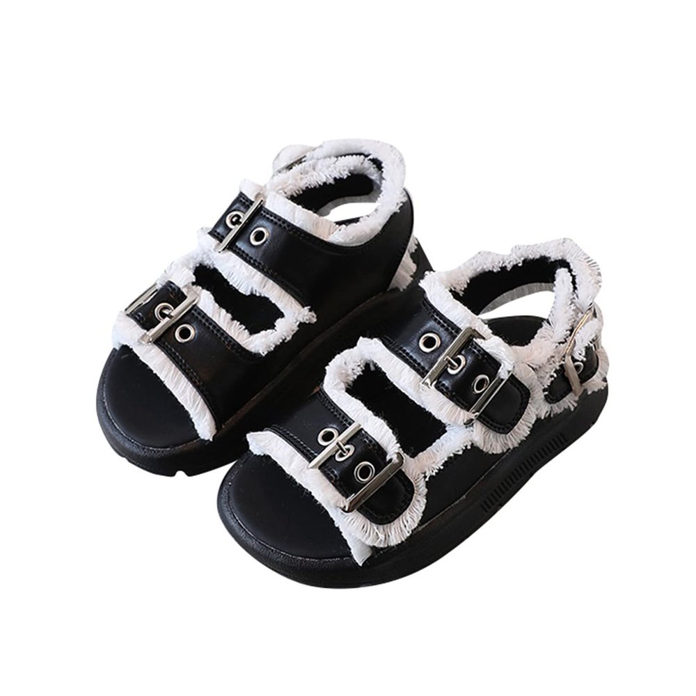 Big Kids Girl Sandals Summer Pink Black Hairy Edge Adjustable Ankle Width Soft Bottom with Princess Shoes Toddler Clogs (Black, 2 Big Kids)