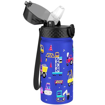 GOPPUS Kids Water Bottle (Straw Lid) - 14 Oz Stainless Steel Travel Bottle, Double Wall Vacuum Leak Proof Kids Cup for School Boys Girls,Blue engineering car