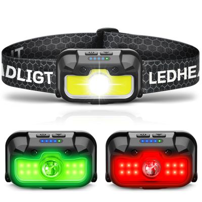 HOKOILN LED Headlamp Rechargeable with Green & Red Light -1300 Lumen Ultra-Bright Flashlight Headlight for Camping, Running, Hiking, Fishing - Waterproof with 7 Modes