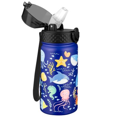 GOPPUS Kids Water Bottle (Straw Lid) - 14 Oz Stainless Steel Travel Bottle, Double Wall Vacuum Leak Proof Kids Cup for School Boys Girls,Under the Sea