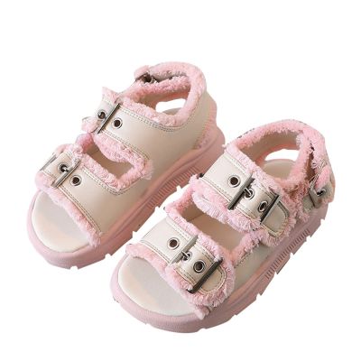 Big Kids Girl Sandals Summer Pink Black Hairy Edge Adjustable Ankle Width Soft Bottom with Princess Shoes Toddler Clogs (Red, 2 Big Kids)