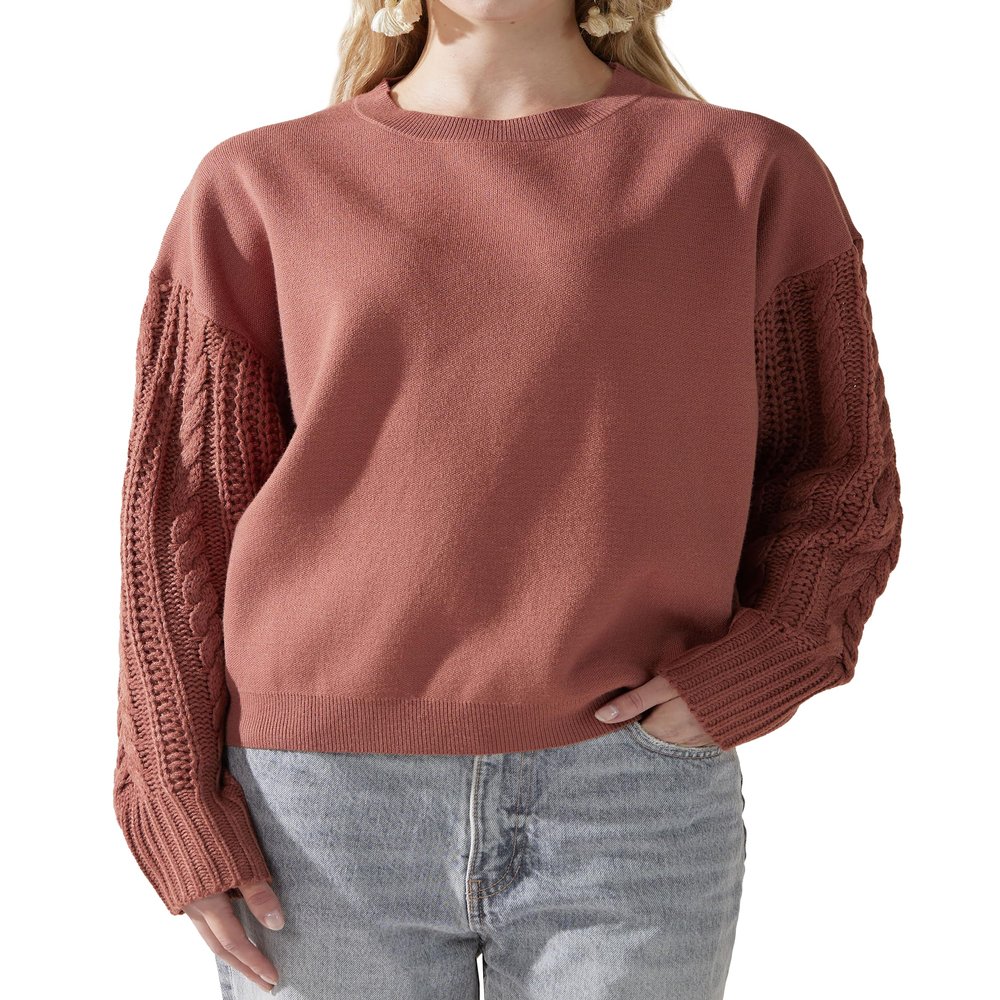 noflik Women's Soft Touch Crew Neck Long Cable Knit Sleeve Sweater Top (Marsala, S)