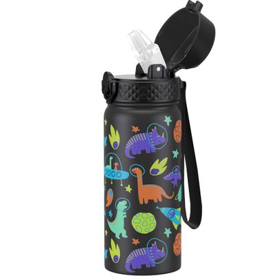 GOPPUS Kids Water Bottle (Straw Lid) - 18 Oz Stainless Steel Travel Bottle, Double Wall Vacuum Leak Proof Kids Cup for School Boys Girls,Space dinosaur