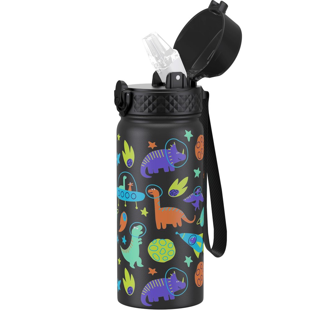 GOPPUS Kids Water Bottle (Straw Lid) - 18 Oz Stainless Steel Travel Bottle, Double Wall Vacuum Leak Proof Kids Cup for School Boys Girls,Space dinosaur