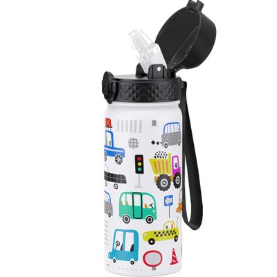 GOPPUS Kids Water Bottle (Straw Lid) - 18 Oz Stainless Steel Travel Bottle, Double Wall Vacuum Leak Proof Kids Cup for School Boys Girls,White engineering car