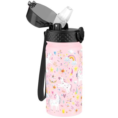 GOPPUS Kids Water Bottle (Straw Lid) - 14 Oz Stainless Steel Travel Bottle, Double Wall Vacuum Leak Proof Kids Cup for School Boys Girls,Unicorn Fields