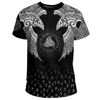 ZORQ Viking Ravens T-Shirt 3D Print Gym Workout Tee Men's Muscle Short Sleeve,Vintage Athletic Shirt,Celtic Pagan Streetwear,White,L