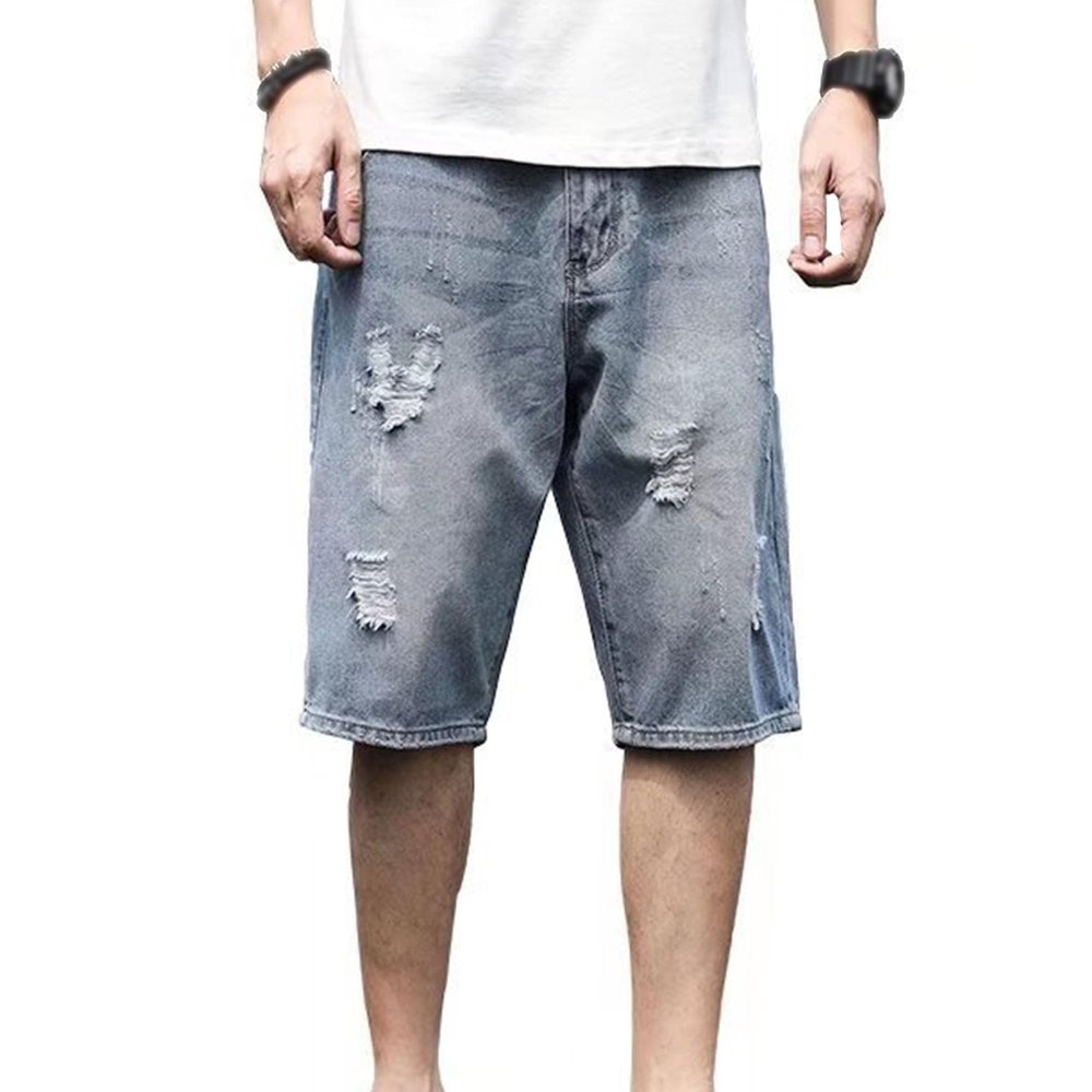 Maiyifu-GJ Men's Casual Loose Trend Retro Jeans Short Biker Streetwear Short Pants with Pockets Ripped Straight Denim Shorts (Blue,28)
