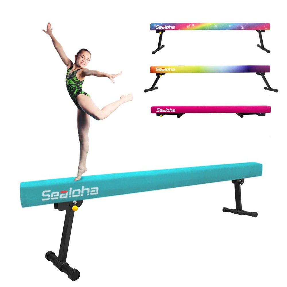 Sealoha 8ft Ultrasimple Adjustable&Foldable Balance Beam,High-Low Floor Beam Suede Gymnastics Equipment, Gymnastics Beam for Training&Professional HomeTraining (Gym Beam, Teal, 8ft)