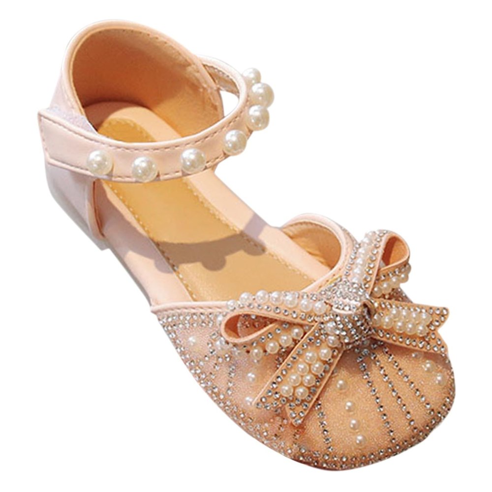 Girls Sandals Glittler Bow Dress Shoes Princess Crystal Flat Sandals Party Wedding Flower Girls Shoes (Pink, 3 Big Kids)