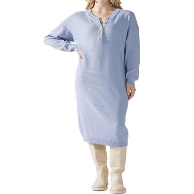 noflik Women's Soft Touch Oversized Button Front V Neck Long Sleeve Midi Sweater Dress (LT.Blue, XXL)