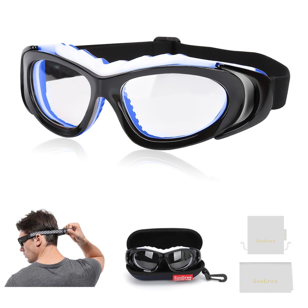 SooGree Sports Goggles Glasses Basketball Soccer Football Glasses Sports Eyewear Safety Goggles Anti-fog Lens Replaceable (Black framed blue nose pad)