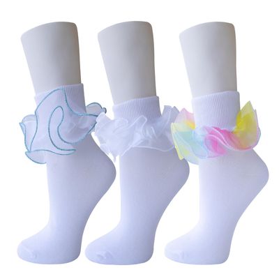 ACGarden Women Big Ruffle Socks Double Lace Turn Cuff (Size 9-11, 3 Pairs)
