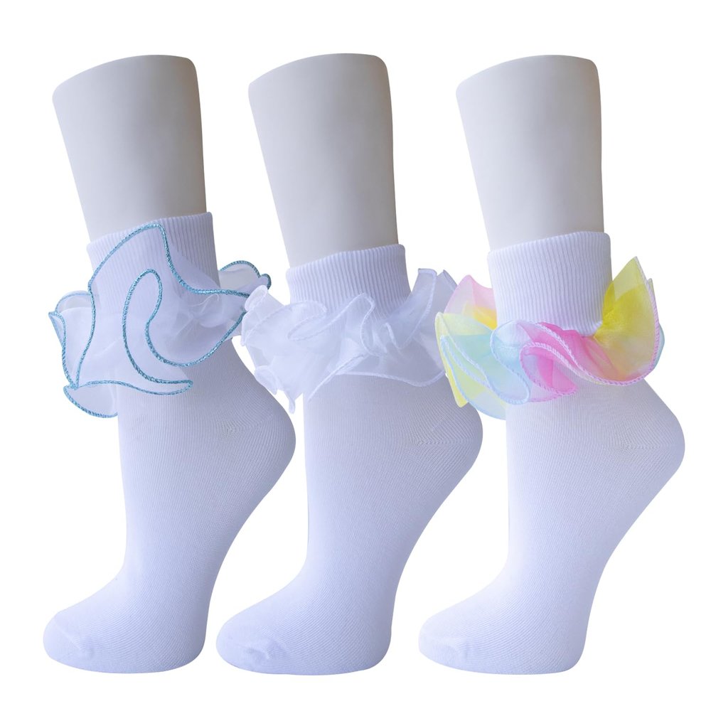 ACGarden Women Big Ruffle Socks Double Lace Turn Cuff (Size 9-11, 3 Pairs)